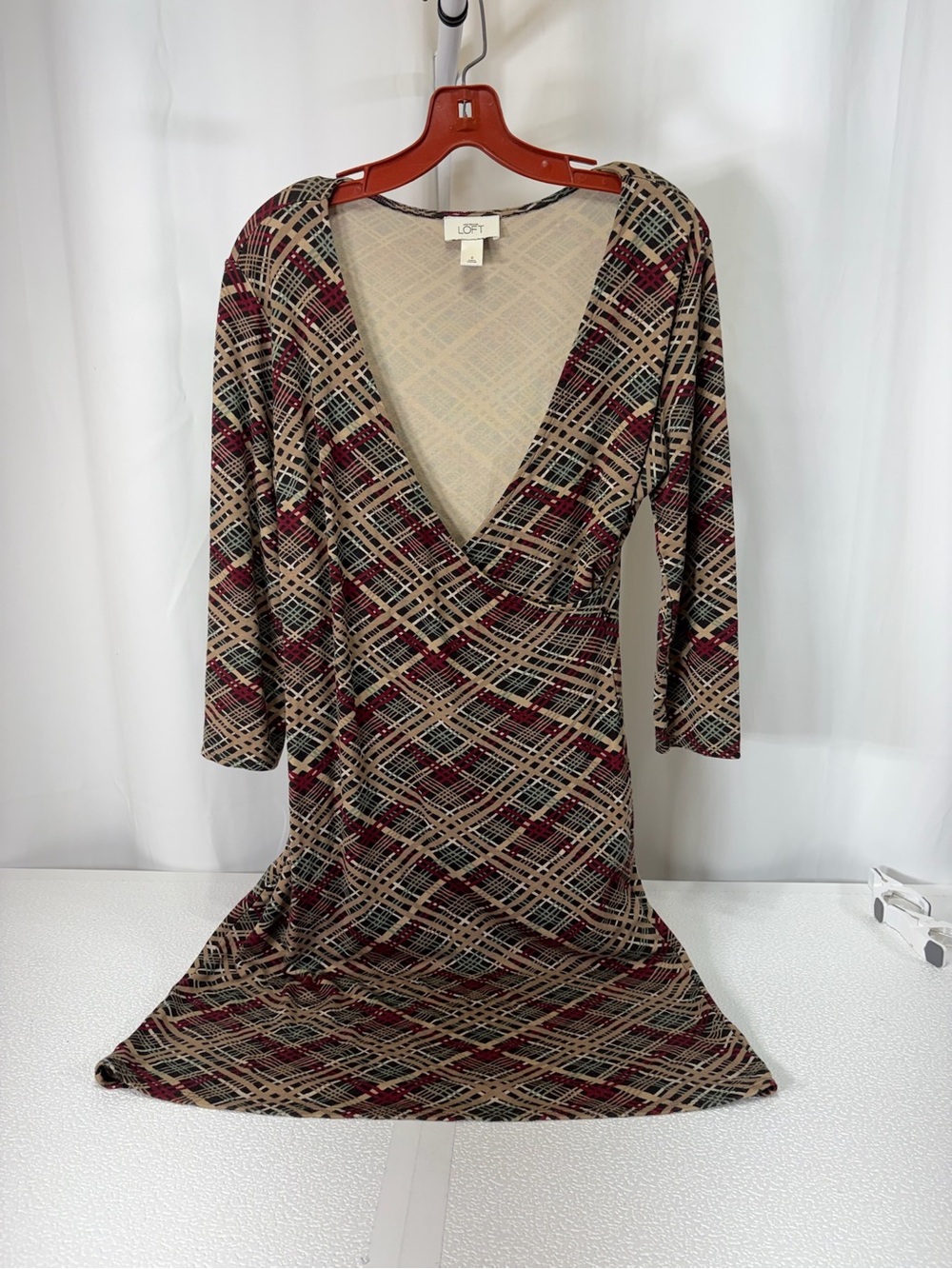 LOFT Beige Plaid Wrap Dress with Red and Black Accents 4313